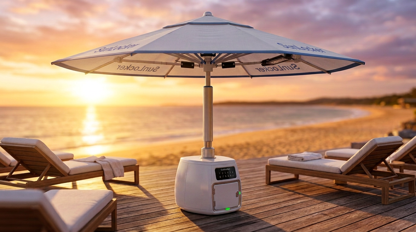 SunLocker umbrella on a beach club deck at golden hour, loungers and sunset over the sea