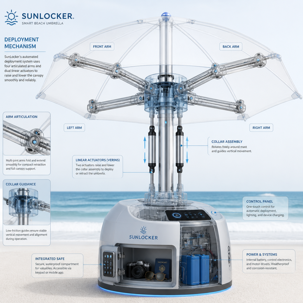 Technical cutaway showing SunLocker's four arms and linear actuators