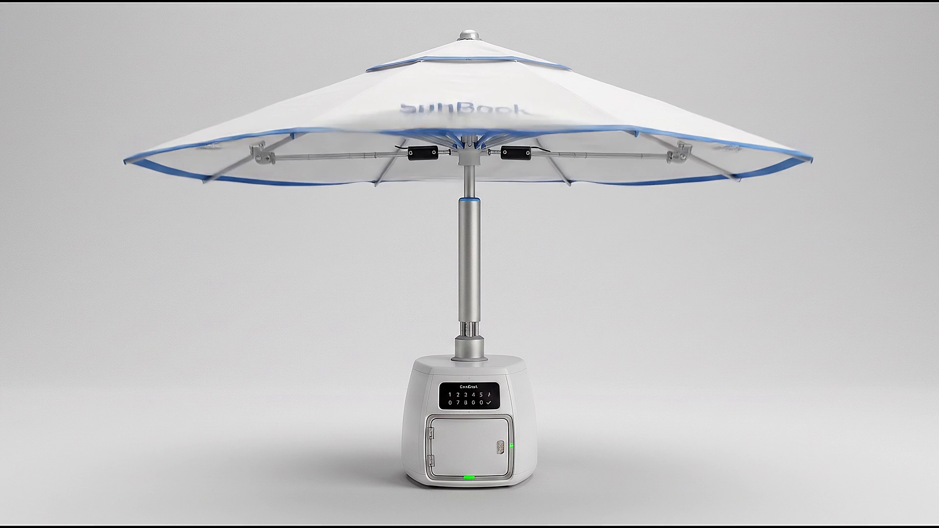 SunLocker smart beach umbrella deployed on a sunny beach with integrated safe and connected lock