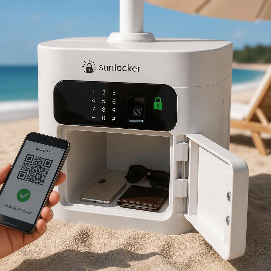 SunLocker safe door open with a phone scanning a QR code to unlock